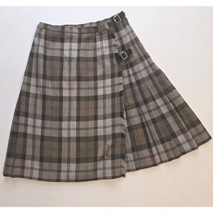 Vintage Laura Ashley 100% Wool Plaid Kilt Wrap Skirt US 8 UK12 Brown Made In UK